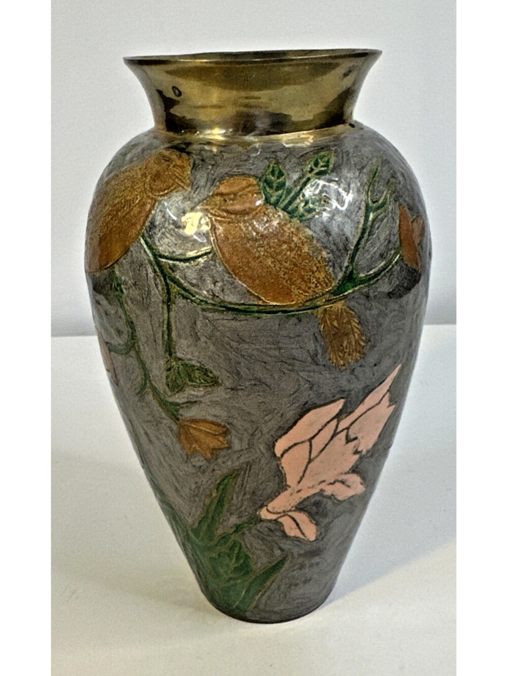 Vintage Brass Cloisonne Enamel Birds & Flower Vase Hand Painted Made in India 7"